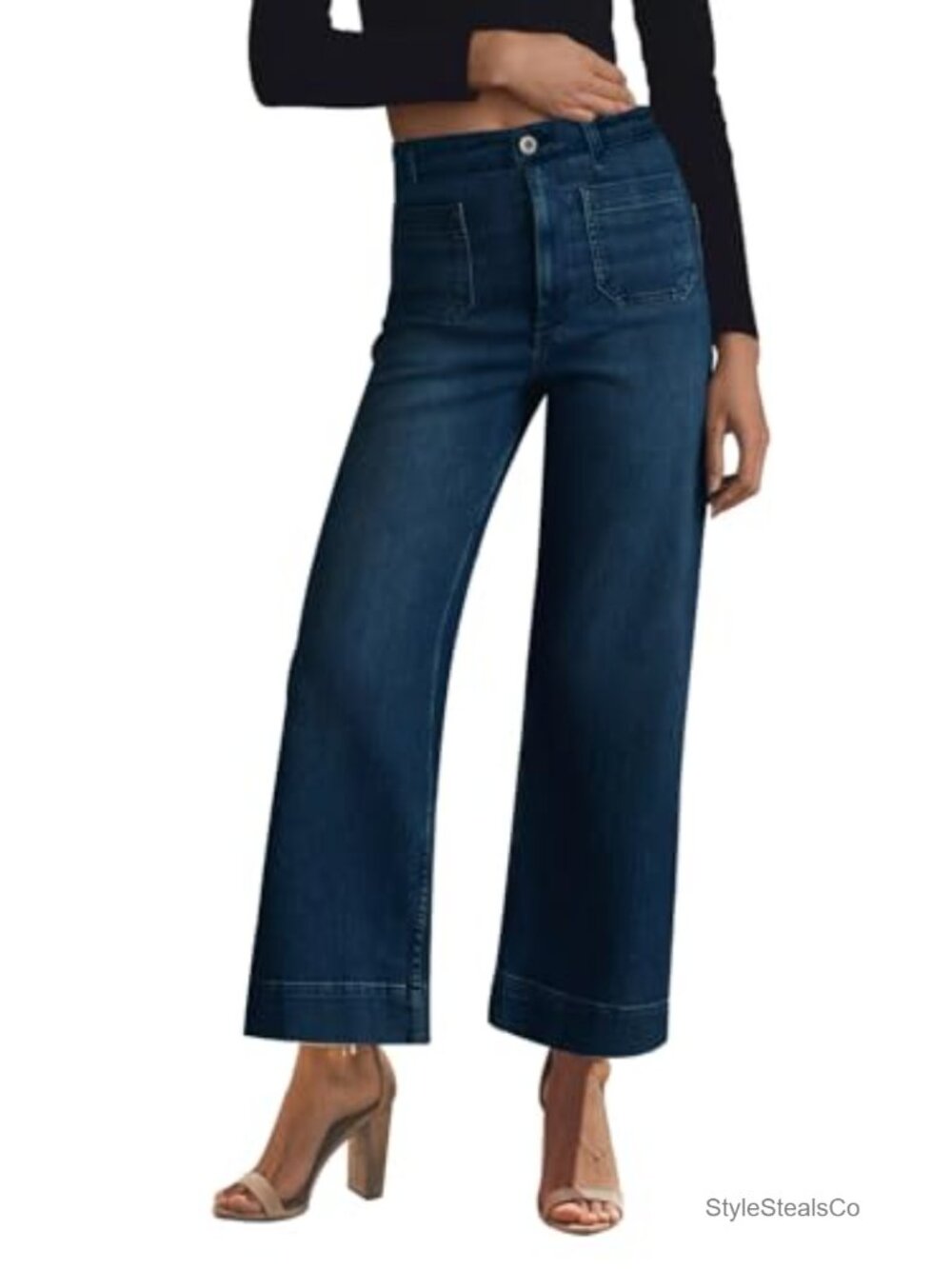 Wide Leg High Waisted Stretchy Denim Jeans with Pockets